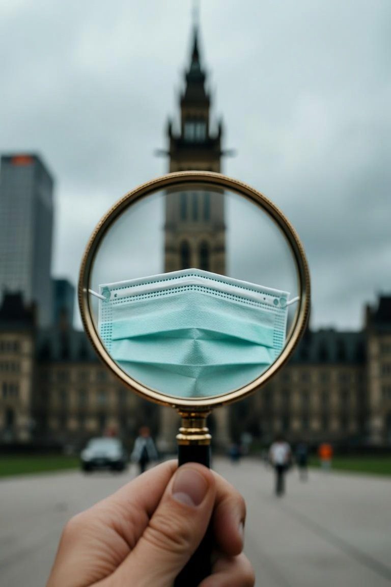 A magnifying glass focused on a medical mask in front of Parliament Hill